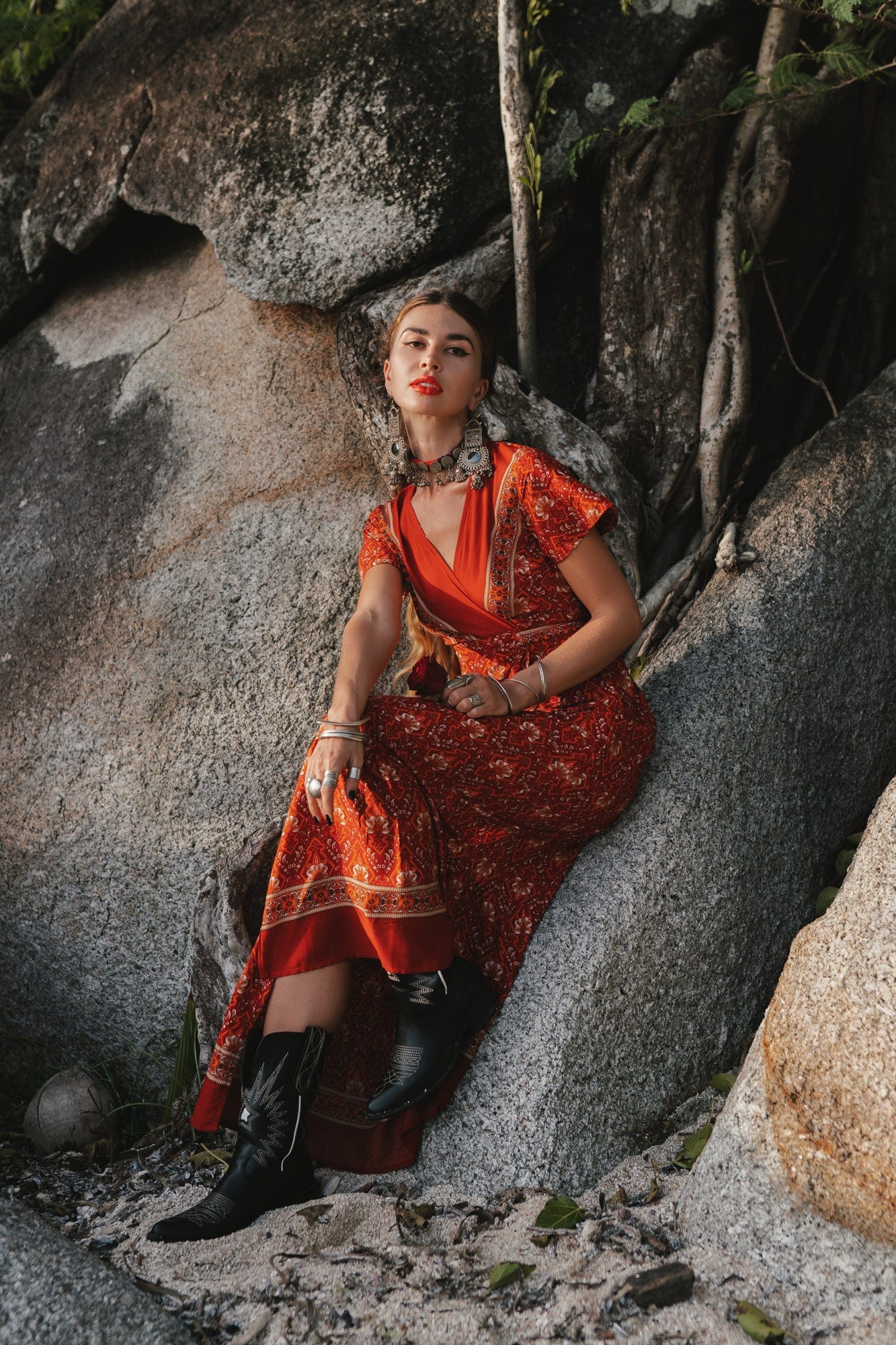 Pandora Red Vintage Floral Wrap Maxi Dress