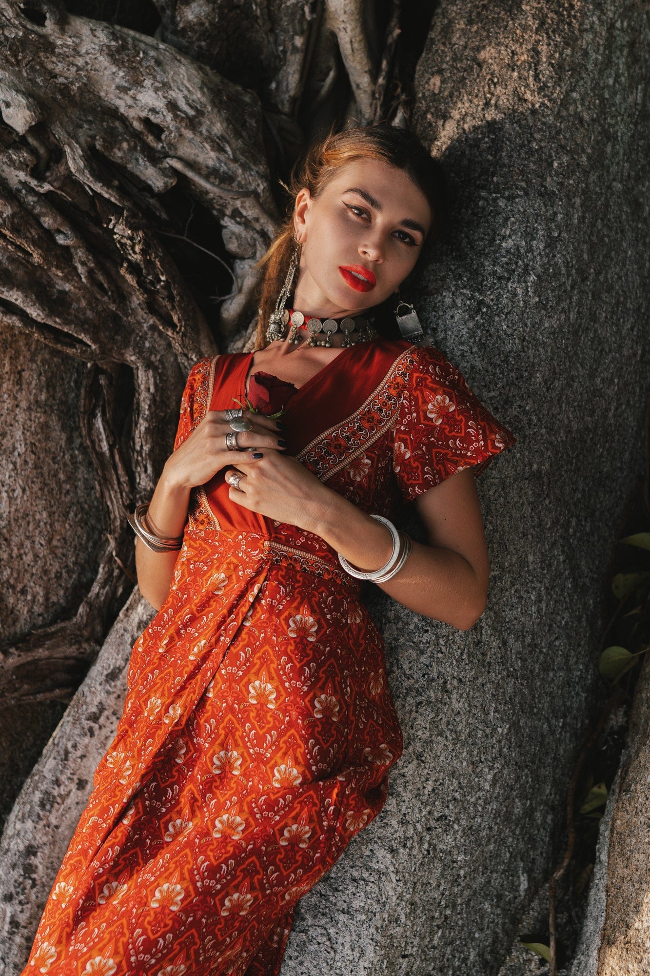 Pandora Red Vintage Floral Wrap Maxi Dress