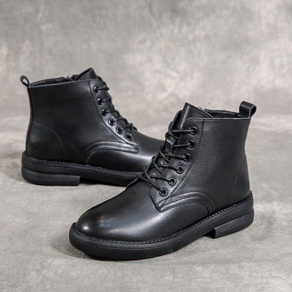 Leather Casual and Light Lace-up Zipper Ankle Boot