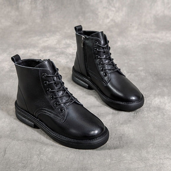 Leather Casual and Light Lace-up Zipper Ankle Boot