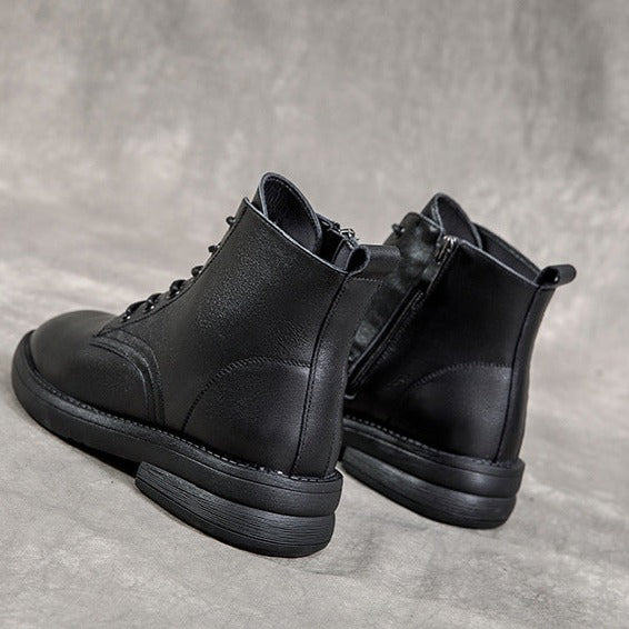 Leather Casual and Light Lace-up Zipper Ankle Boot