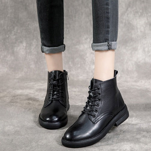 Leather Casual and Light Lace-up Zipper Ankle Boot