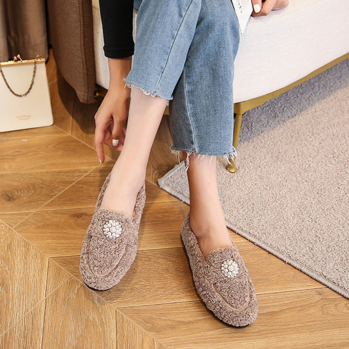 Pearl Cute Winter Lamb Fur Flat Shoes Loafers