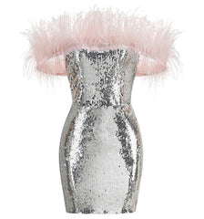 Sequin Off-shoulder Feather Prom Mini Dress