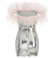 Sequin Off-shoulder Feather Prom Mini Dress