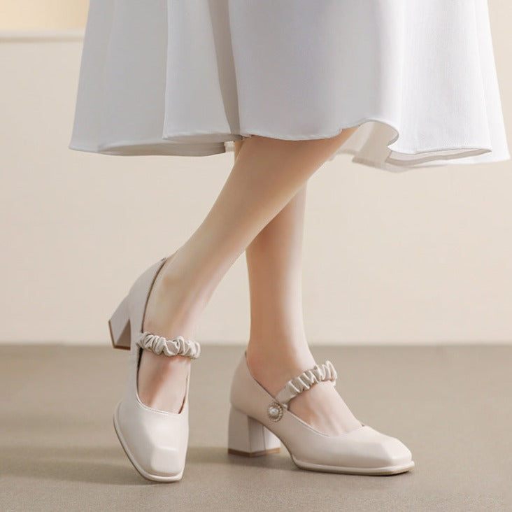 Elegant Pearl Square Toe Mary Jane Shoes Pumps