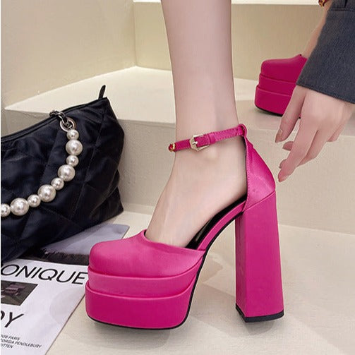 Women's High Heel Rhinestone Platform Silk Square Toe Sandals