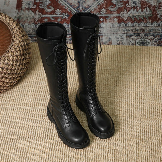 Knee High Boots Lace Up Platform Zipper Boots