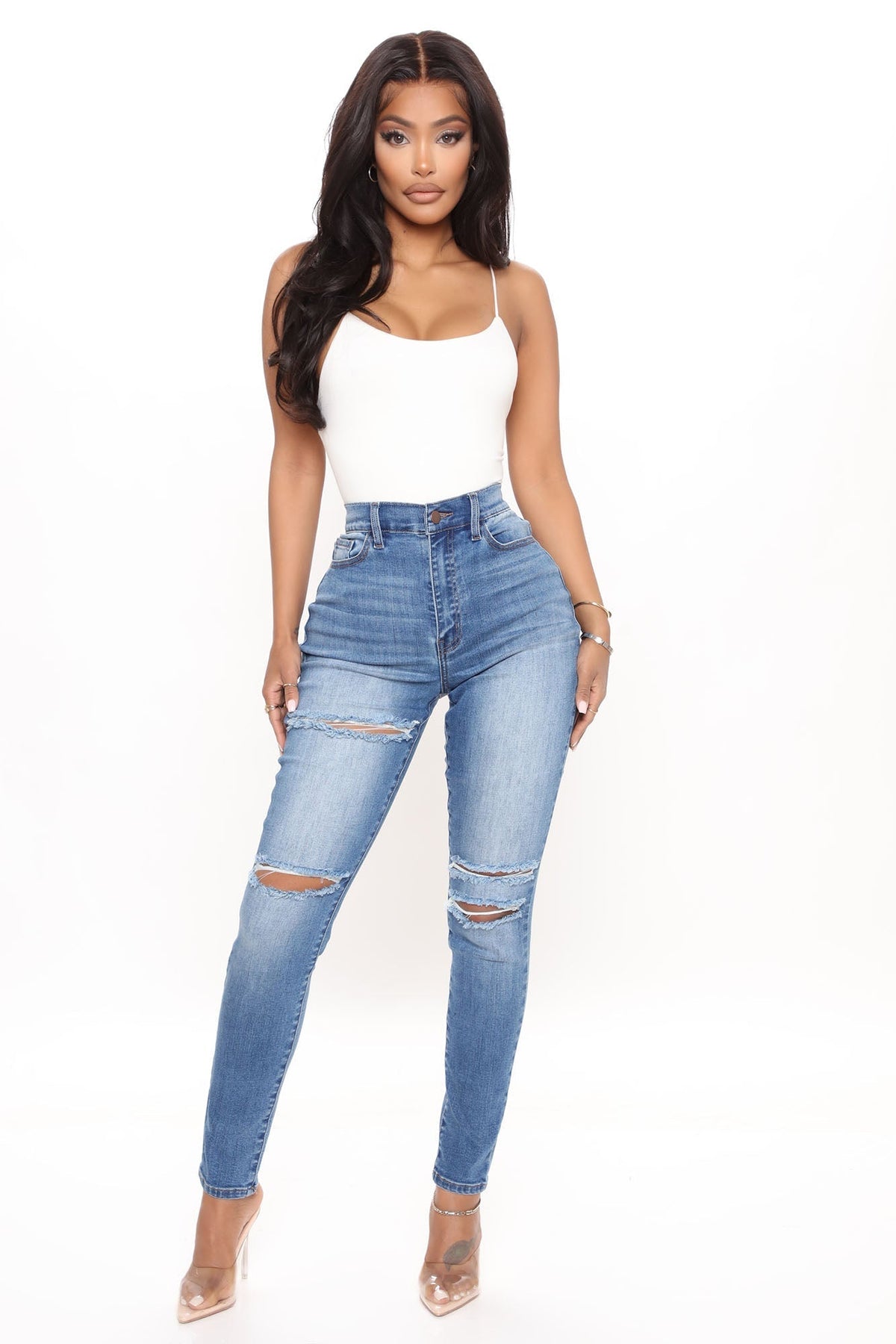 Trisha Ripped High Rise Skinny Jeans - Medium Blue Wash