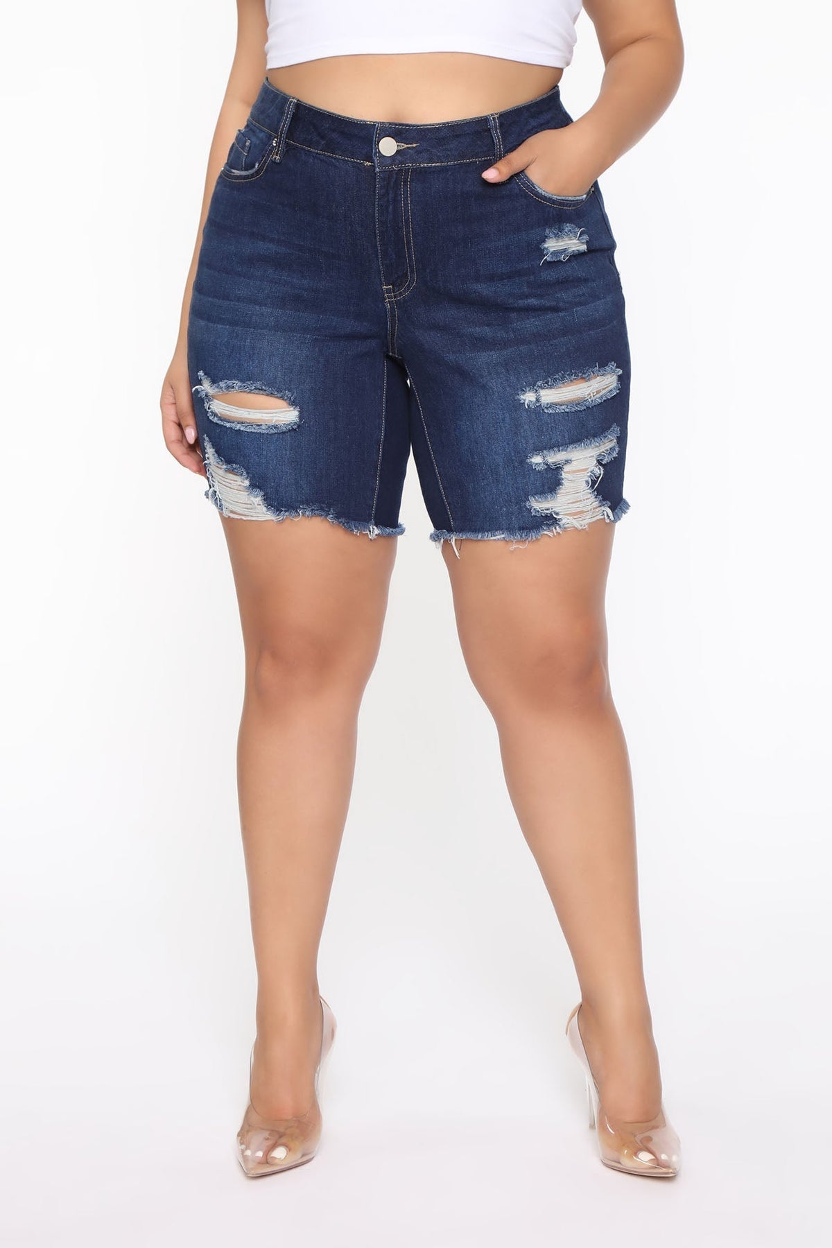 The Mixer Distressed Denim Bermudas - Dark Denim