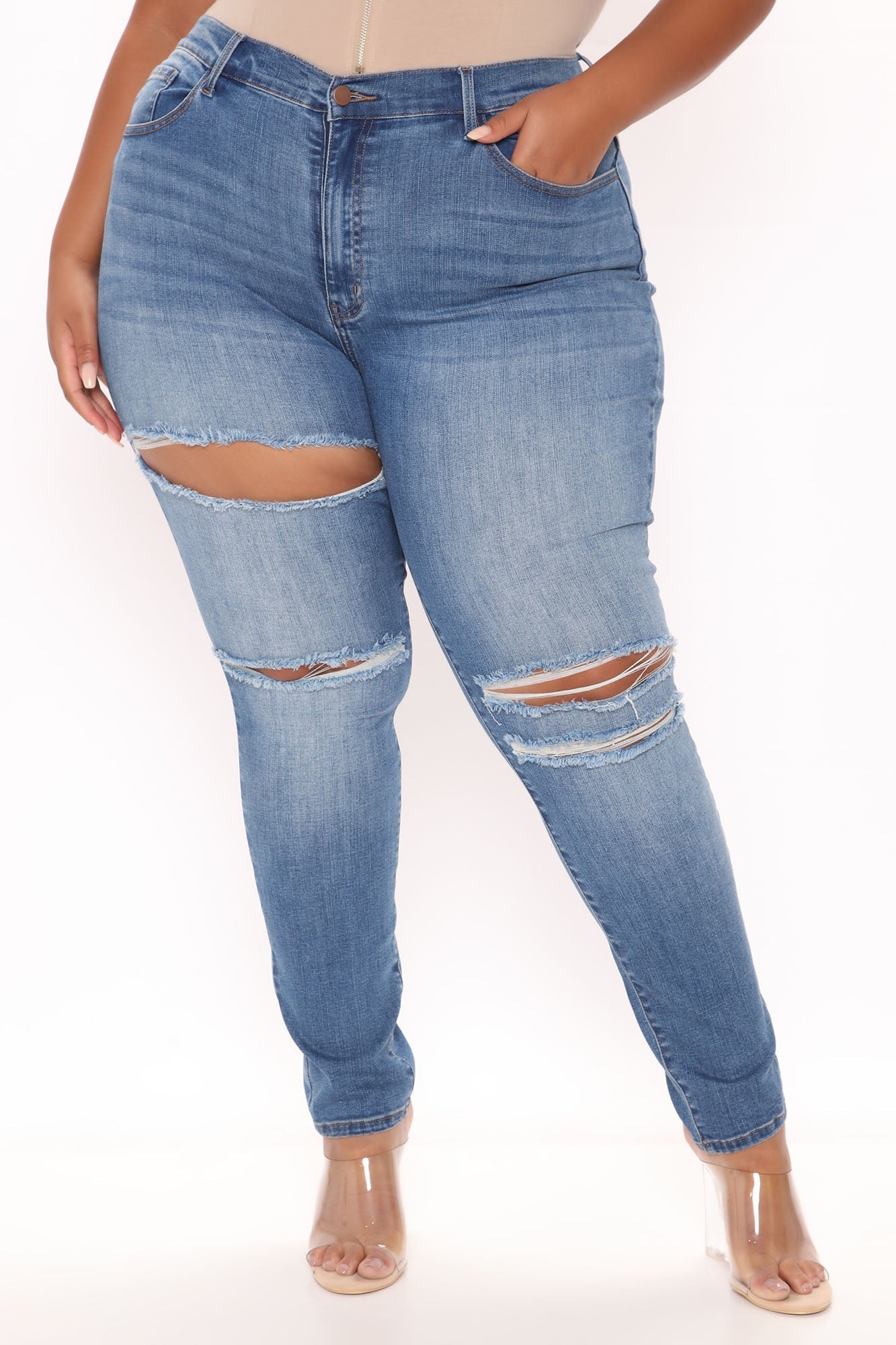 Trisha Ripped High Rise Skinny Jeans - Medium Blue Wash