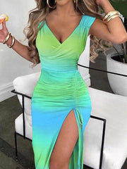 Tie-Dye V-Neck Drawstring Slit Slim Dress