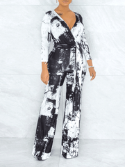 Tie-Dye V-Neck Long Sleeve Belt Wide Leg Jumpsuit