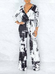 Tie-Dye V-Neck Long Sleeve Belt Wide Leg Jumpsuit