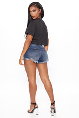 The Story Continues Distressed Denim Shorts - Dark Wash