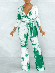 Tie-Dye V-Neck Long Sleeve Belt Wide Leg Jumpsuit