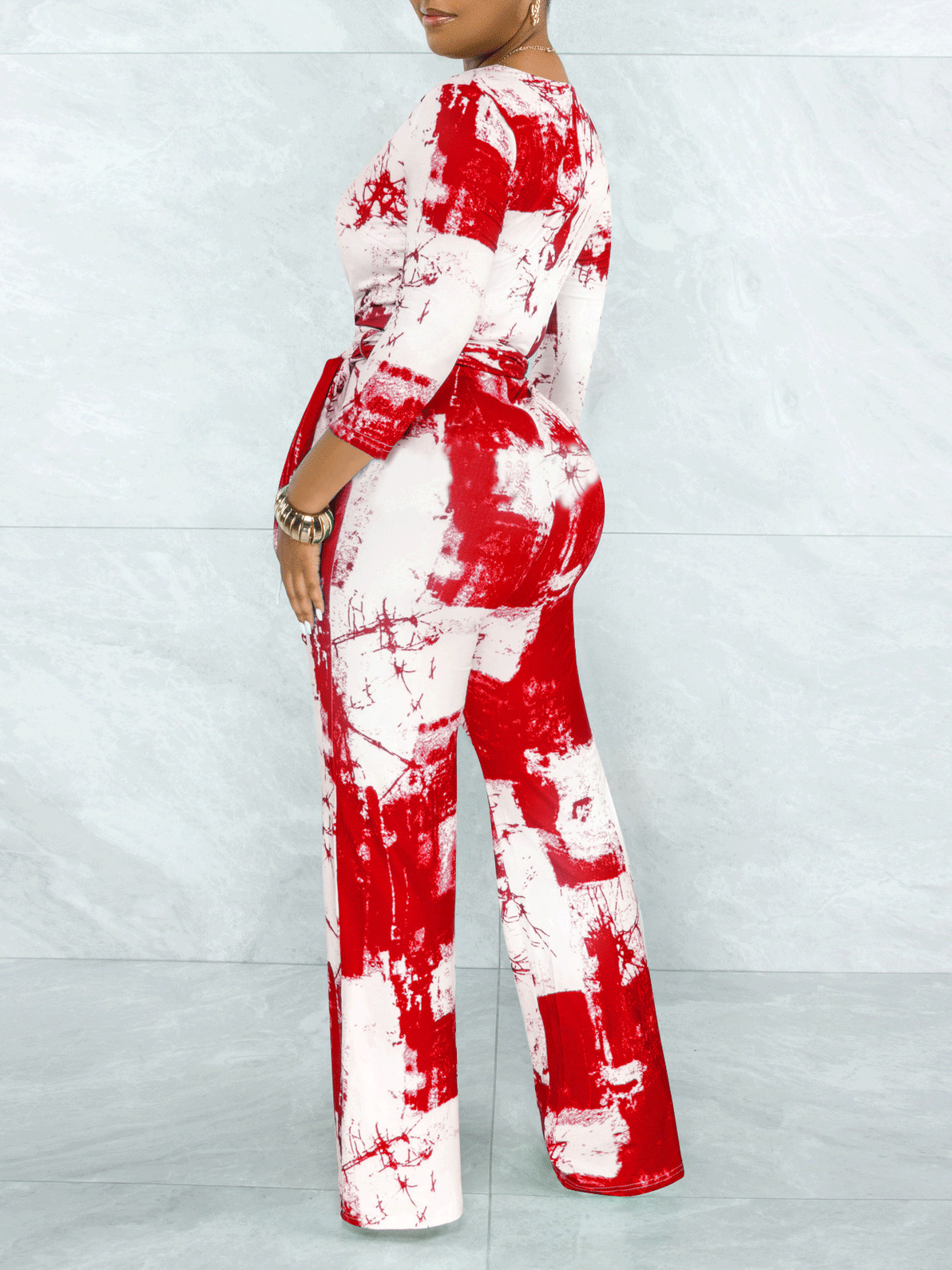 Tie-Dye V-Neck Long Sleeve Belt Wide Leg Jumpsuit