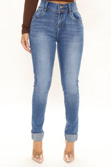 Tough Love Cuffed Skinny Jeans - Medium Blue Wash