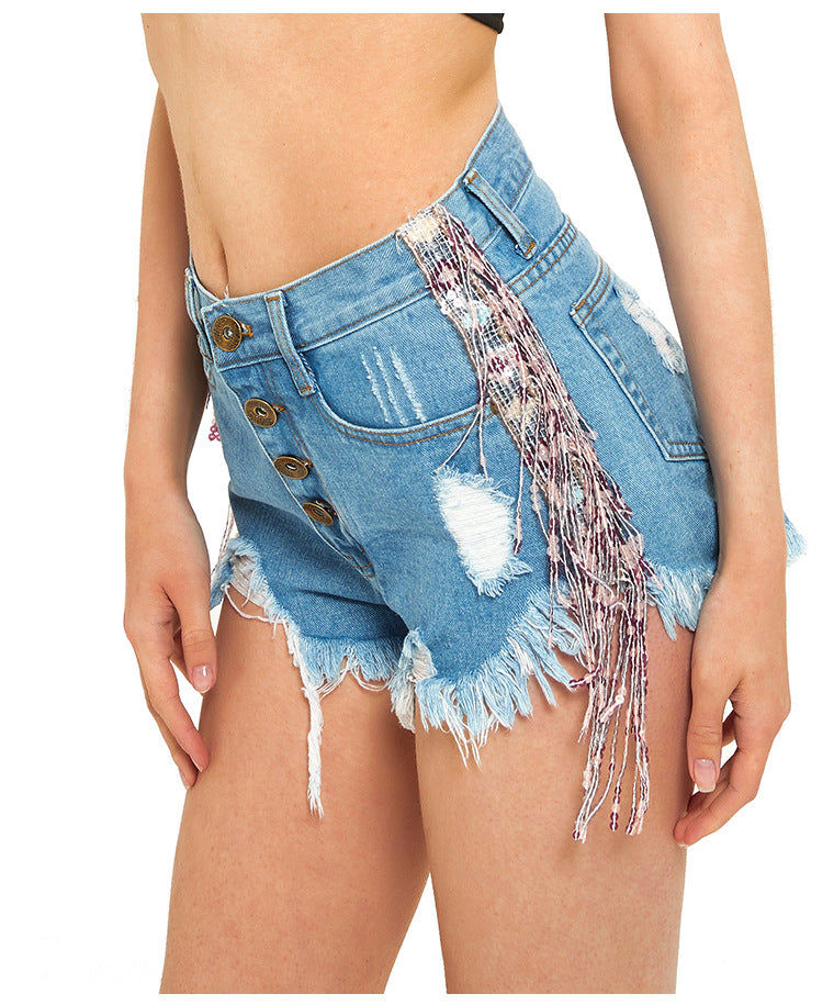 TITANIA NEPHRITE RHINESTONE FRINGE SIDE DENIM SHORT