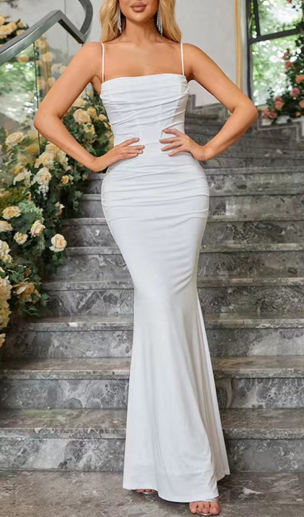 WHITE DRAPED CORSET MAXI DRESS