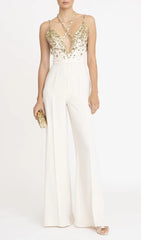 V-NECK SEQUIN HALTER SUIT IN WHITE