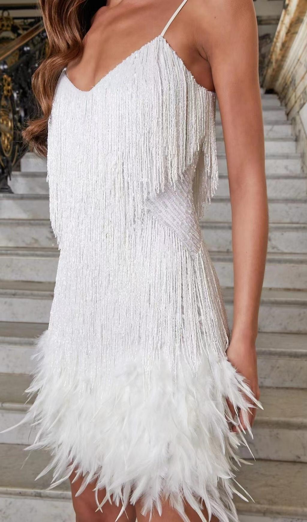 TASSEL FEATHER MINI DRESS IN WHITE