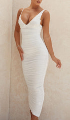 WHITE MESH RUCHED MIDI DRESS