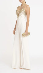 V-NECK SEQUIN HALTER SUIT IN WHITE