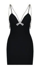 V-NECK STRAPPY MINI DRESS IN BLACK