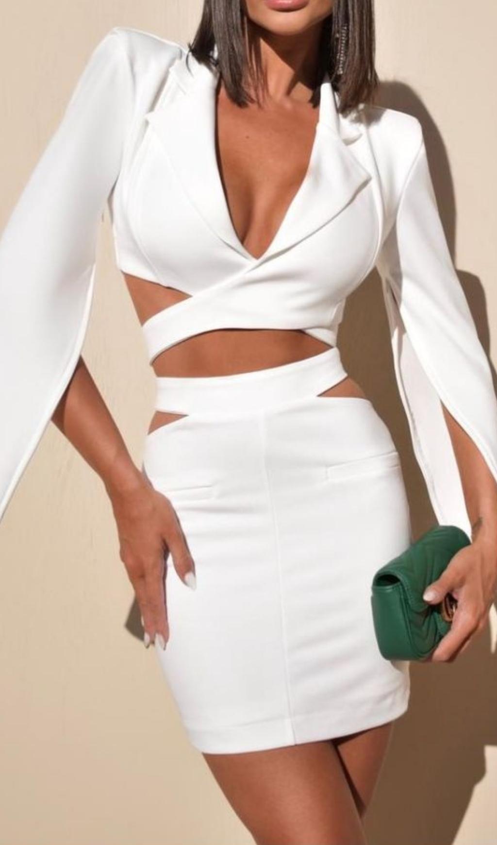 WHITE CUTOUT LONG SLEEVE BLAZER DRESS