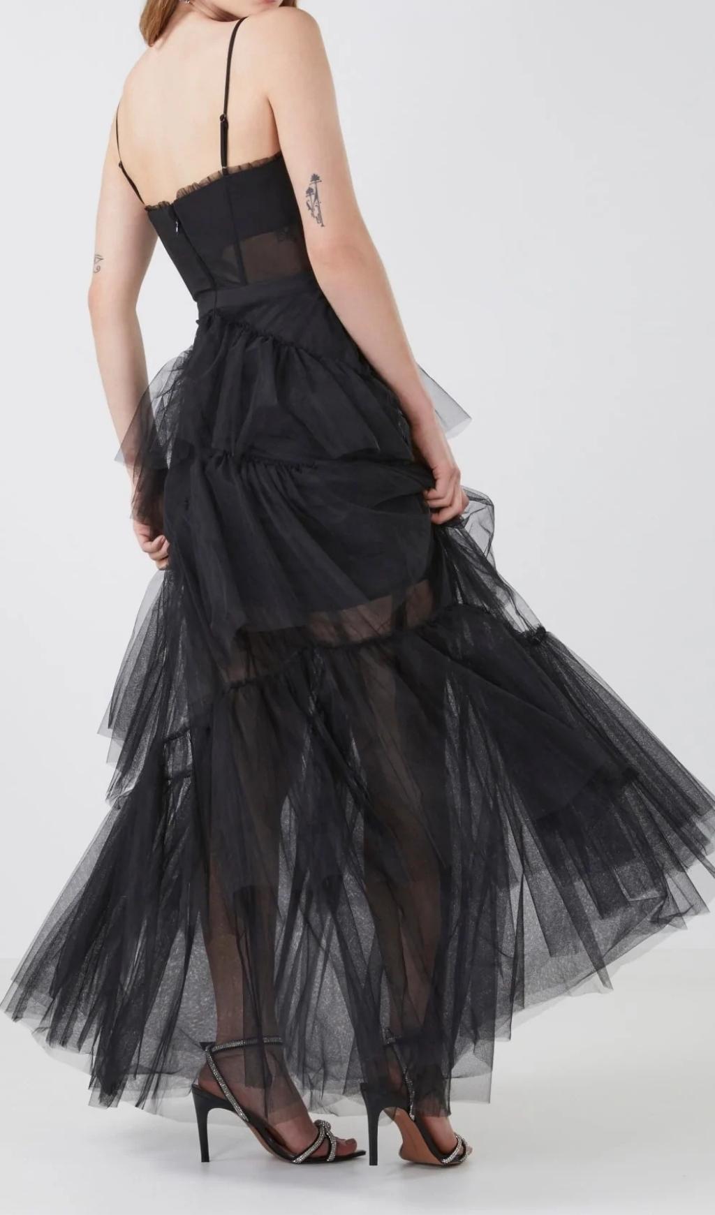 TIERED RUFFLE TULLE EVENING MAXI DRESS