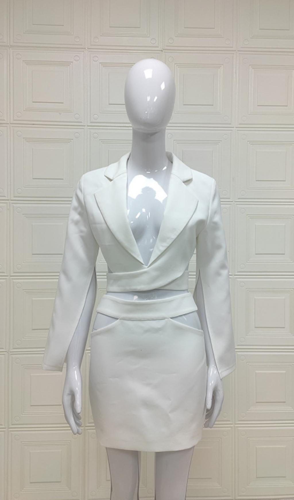 WHITE CUTOUT LONG SLEEVE BLAZER DRESS