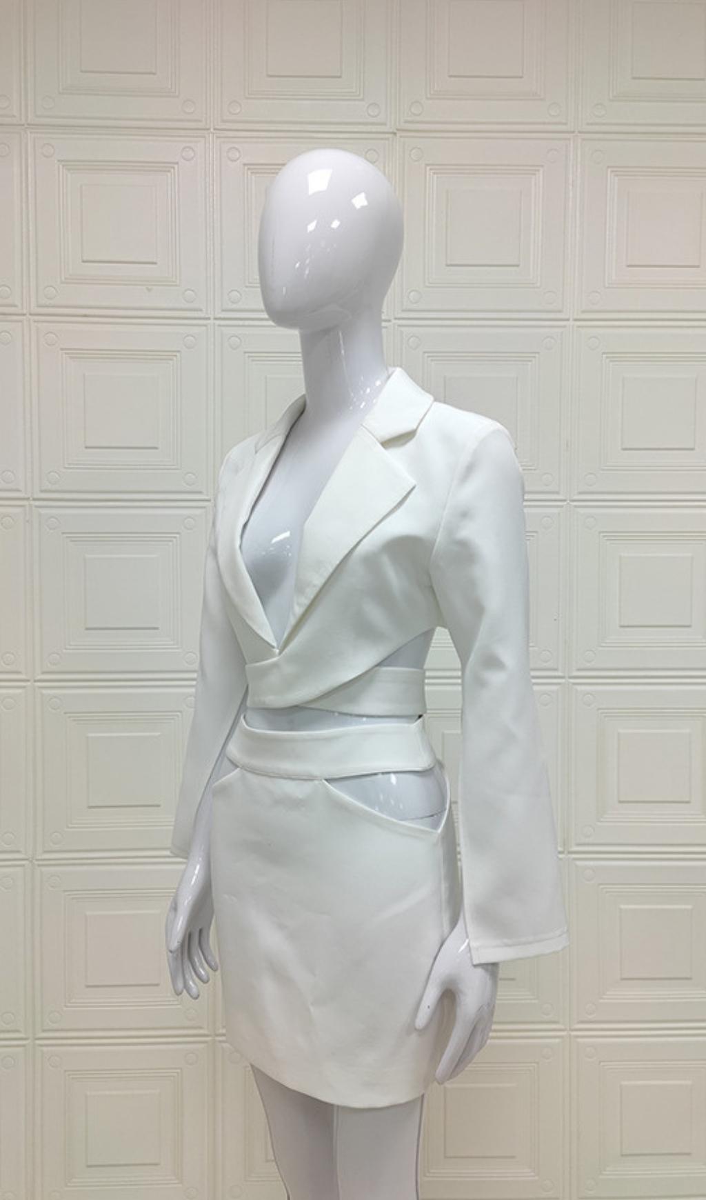 WHITE CUTOUT LONG SLEEVE BLAZER DRESS