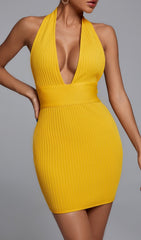 YELLOW HALTER BANDAGE MINI DRESS