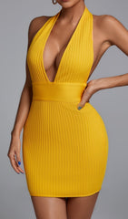 YELLOW HALTER BANDAGE MINI DRESS