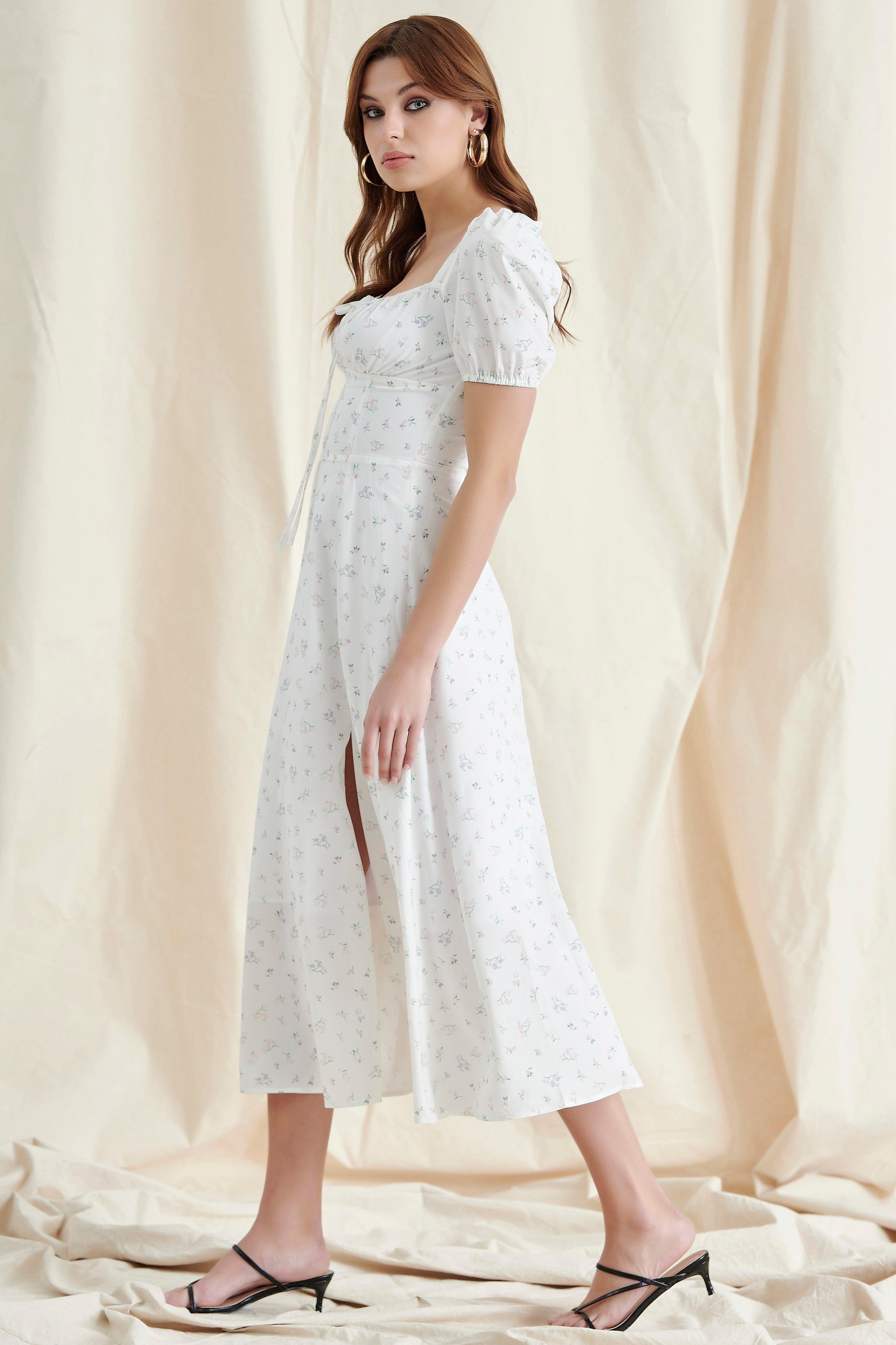 WHITE FLORAL PUFF SLEEVE MAXI DRESS