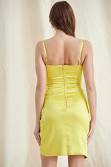 YELLOW SATIN CRYSTAL CORSET MINI DRESS