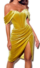 VELVET OFF SHOULDER CORSET DRESS IN GOLD