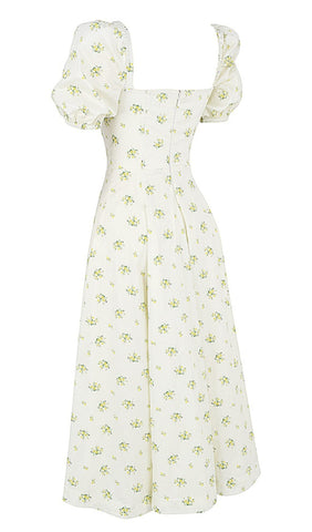 VINTAGE FLORAL PUFF SLEEVE MIDI DRESS IN WHITE