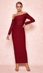 WINE DRAPED SHOULDER MAXI BANDAGE DRESS