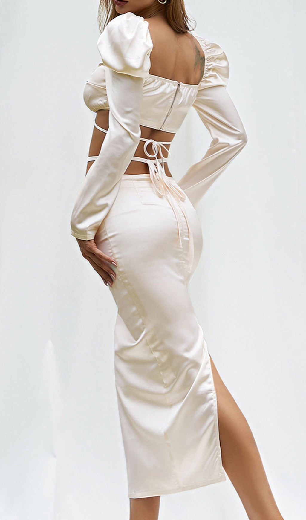 White Long Sleeve Hollow Out Satin Midi Dress