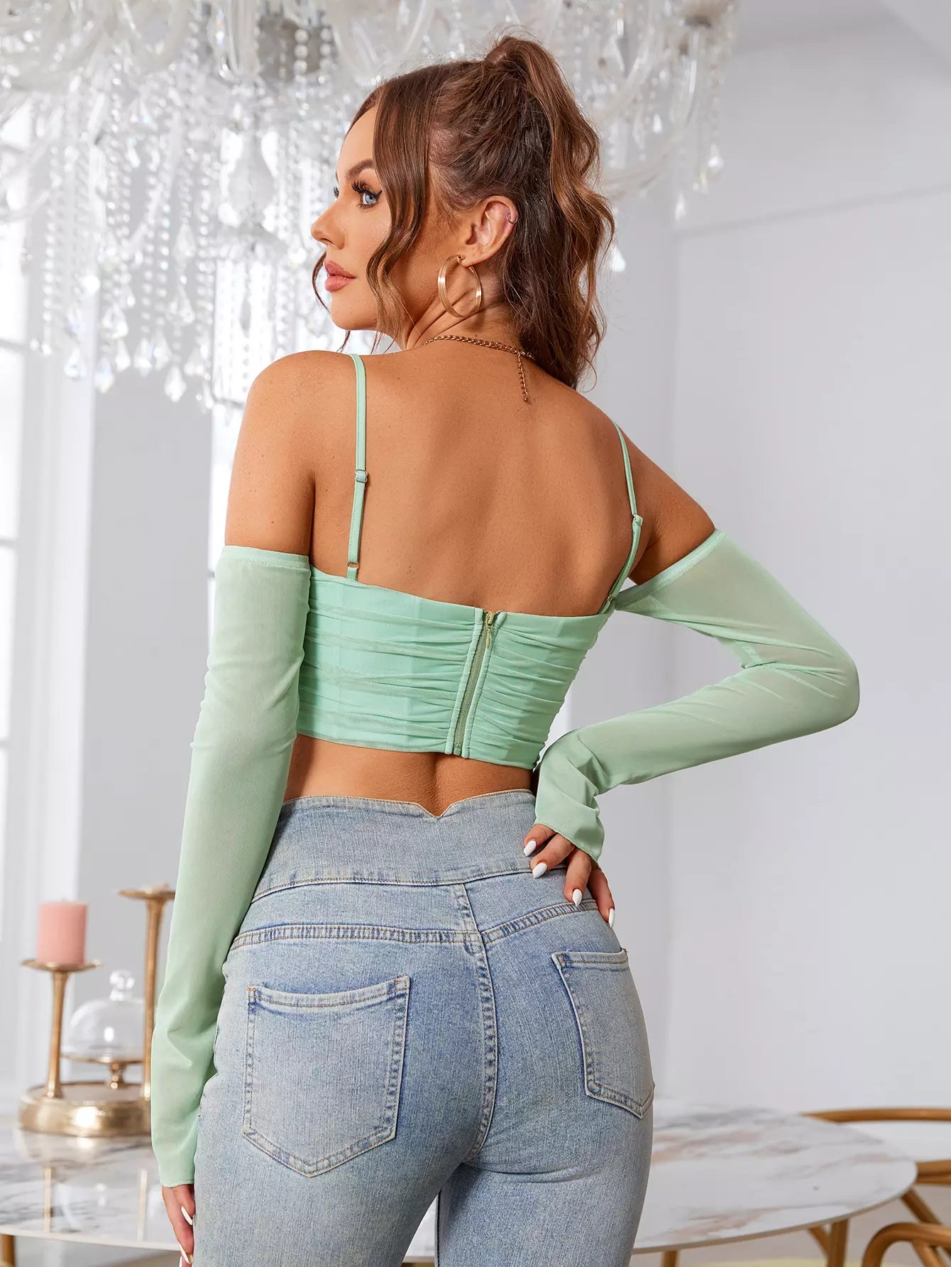 Ruched Bust Cold Shoulder Bandana Hem Crop Mesh Top