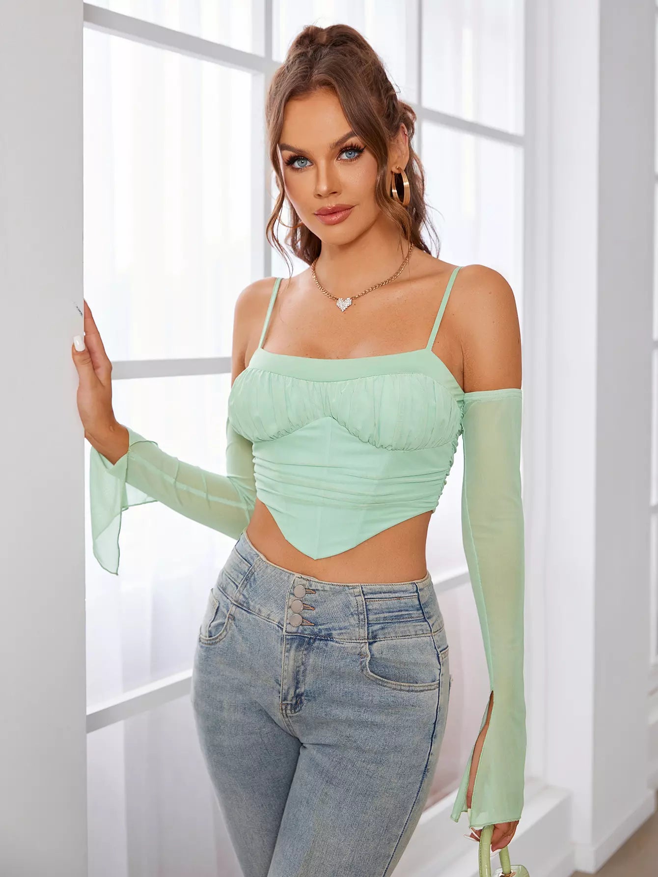 Ruched Bust Cold Shoulder Bandana Hem Crop Mesh Top