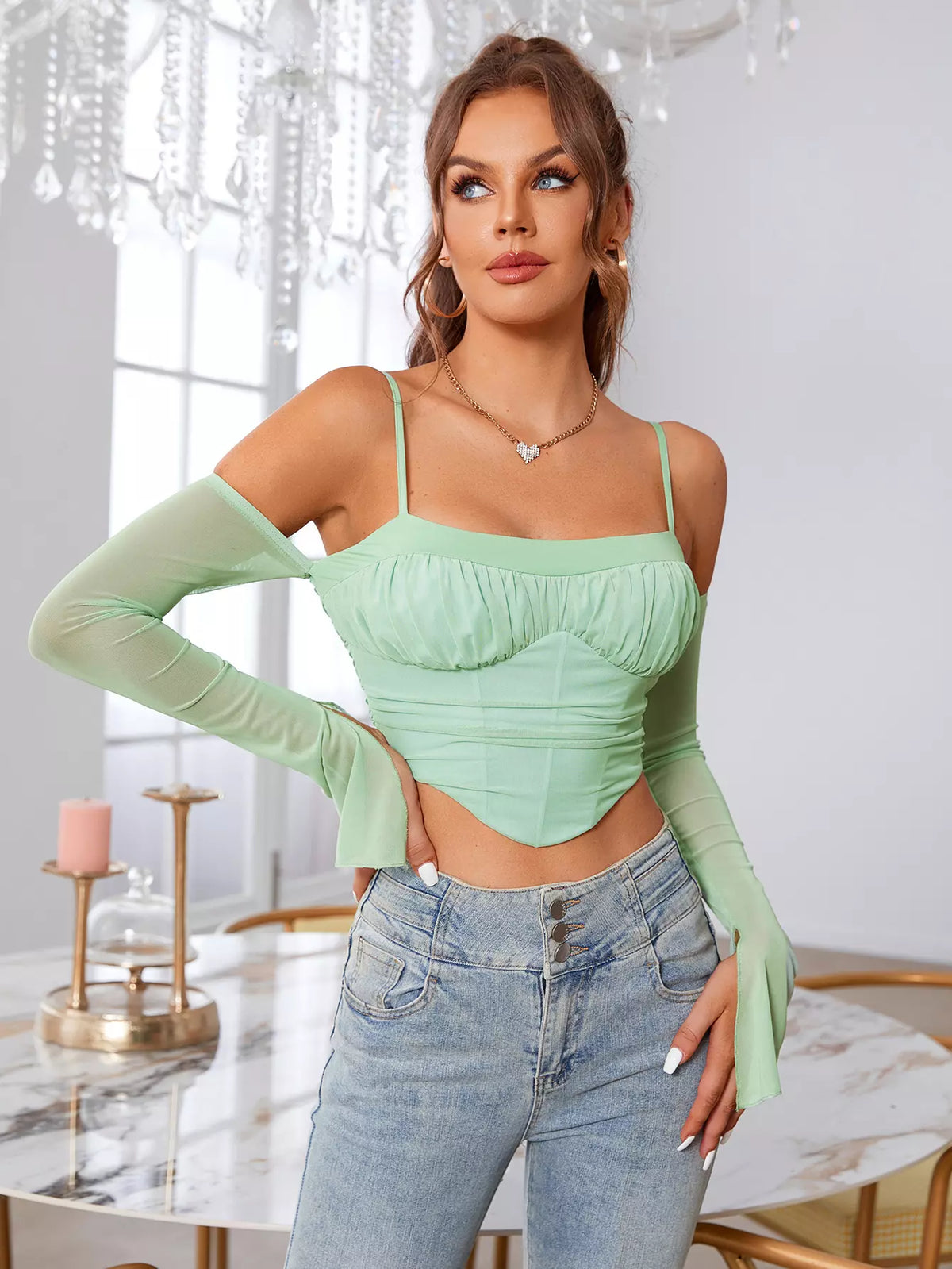 Ruched Bust Cold Shoulder Bandana Hem Crop Mesh Top