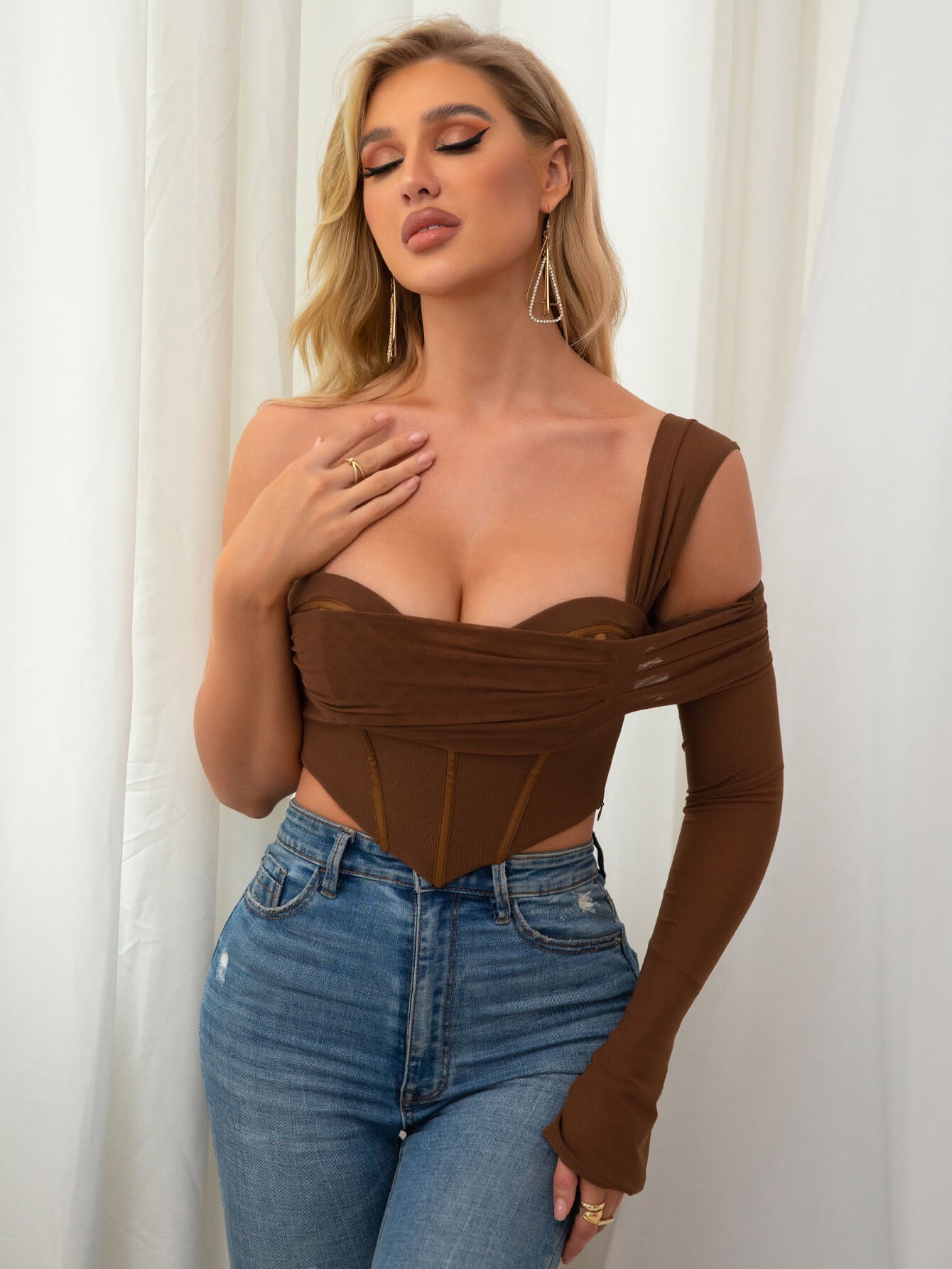 One Sleeve Corset Mesh Top