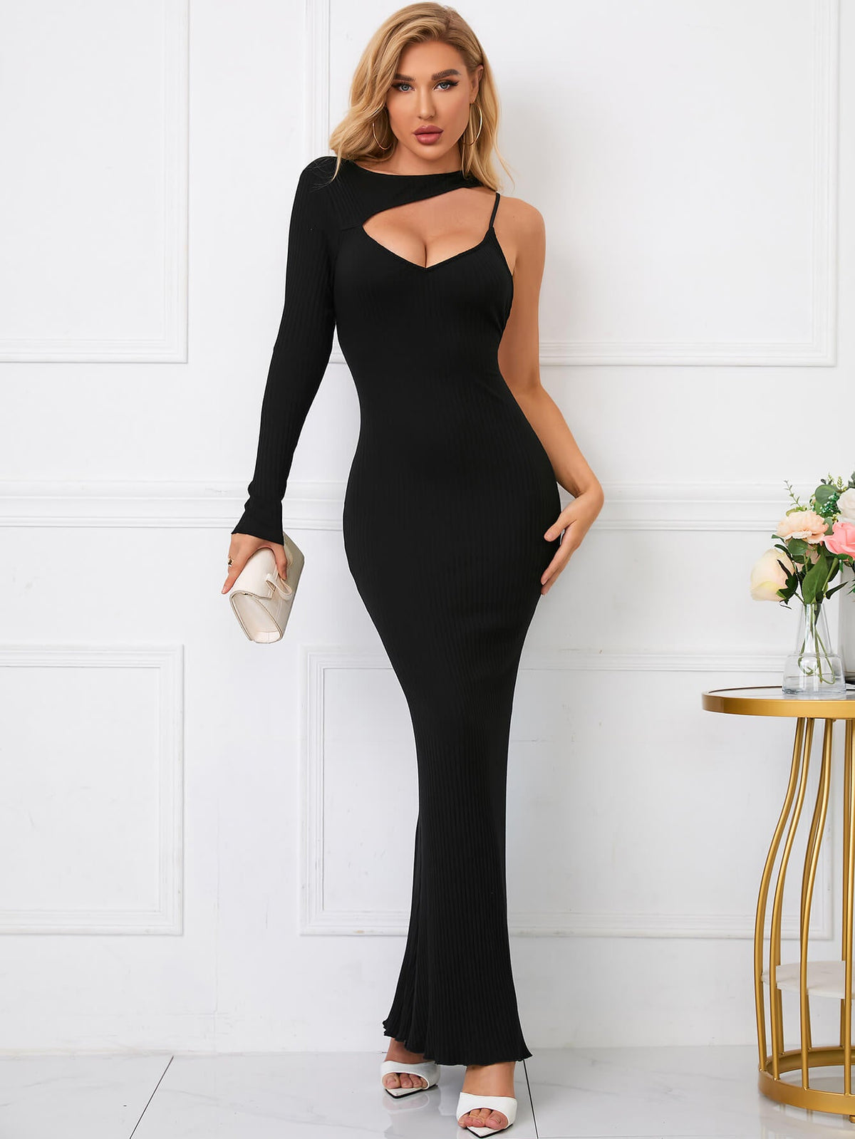Cut Out Tie Backless Ribbed Knit Bodycon Maxi Dress