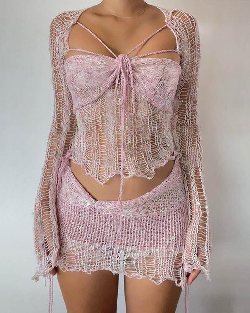 Dazzling Crochet Short Skirt Coord Set