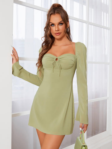 Halter Tie Ruched Bell Sleeve Dress