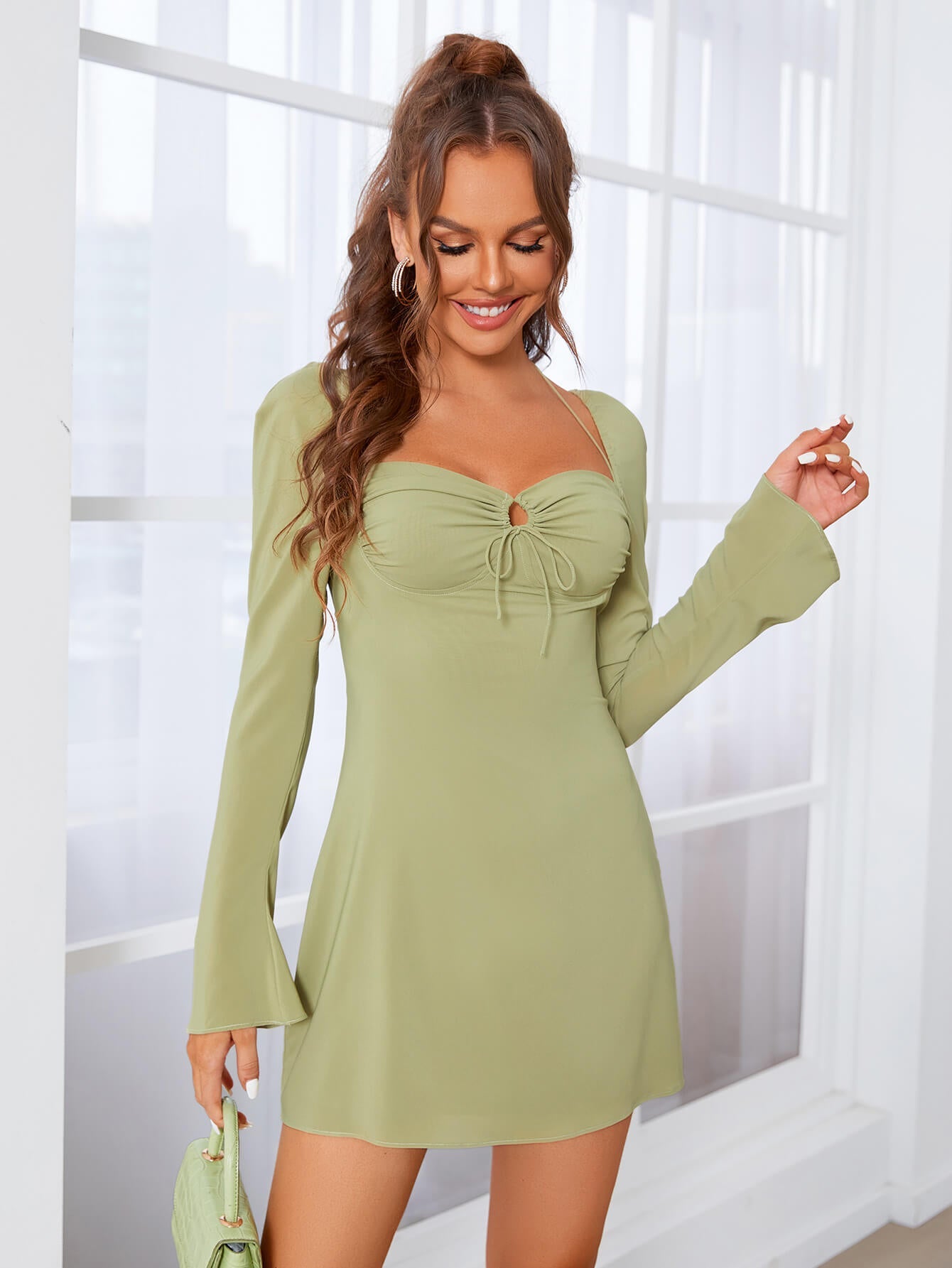Halter Tie Ruched Bell Sleeve Dress