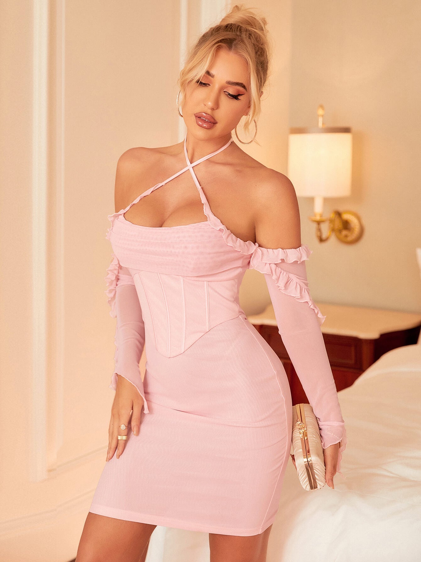 Ruffles Off Shoulder Boning Mesh Bodycon Dress